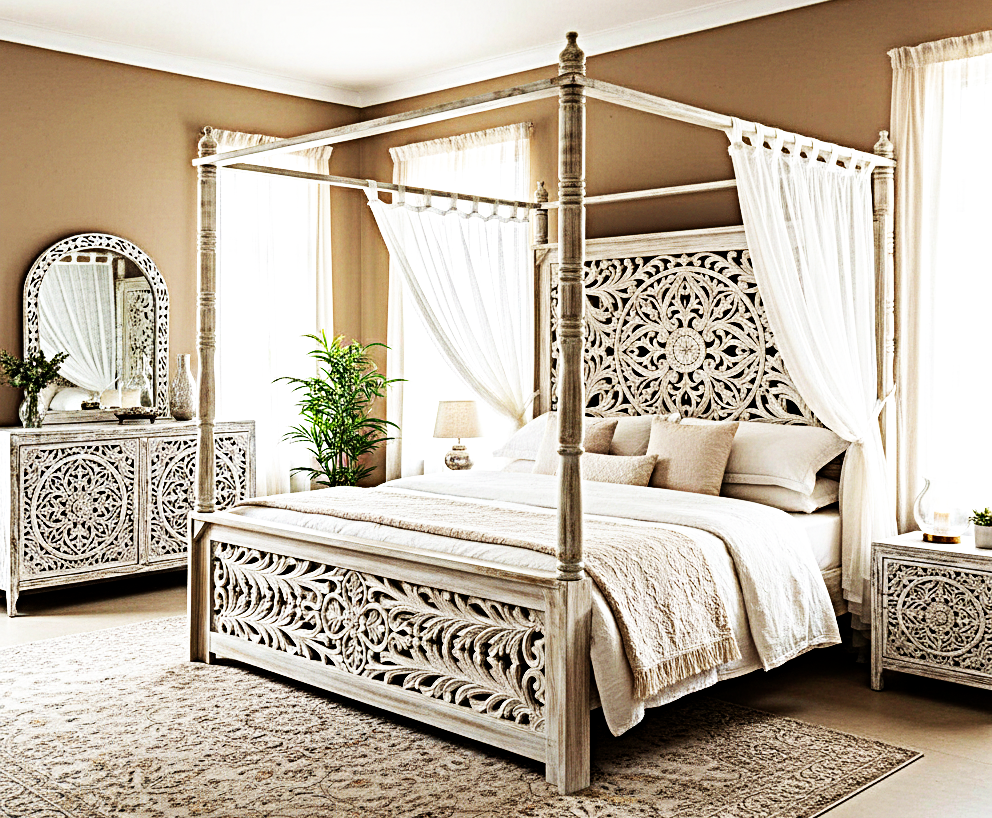 Indian Hand-Carved Wood Canopy Platform Platform Bed Frame