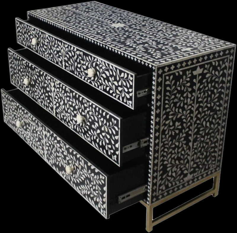 Floral Bone Inlay Chest Of 3 Drawers Dresser