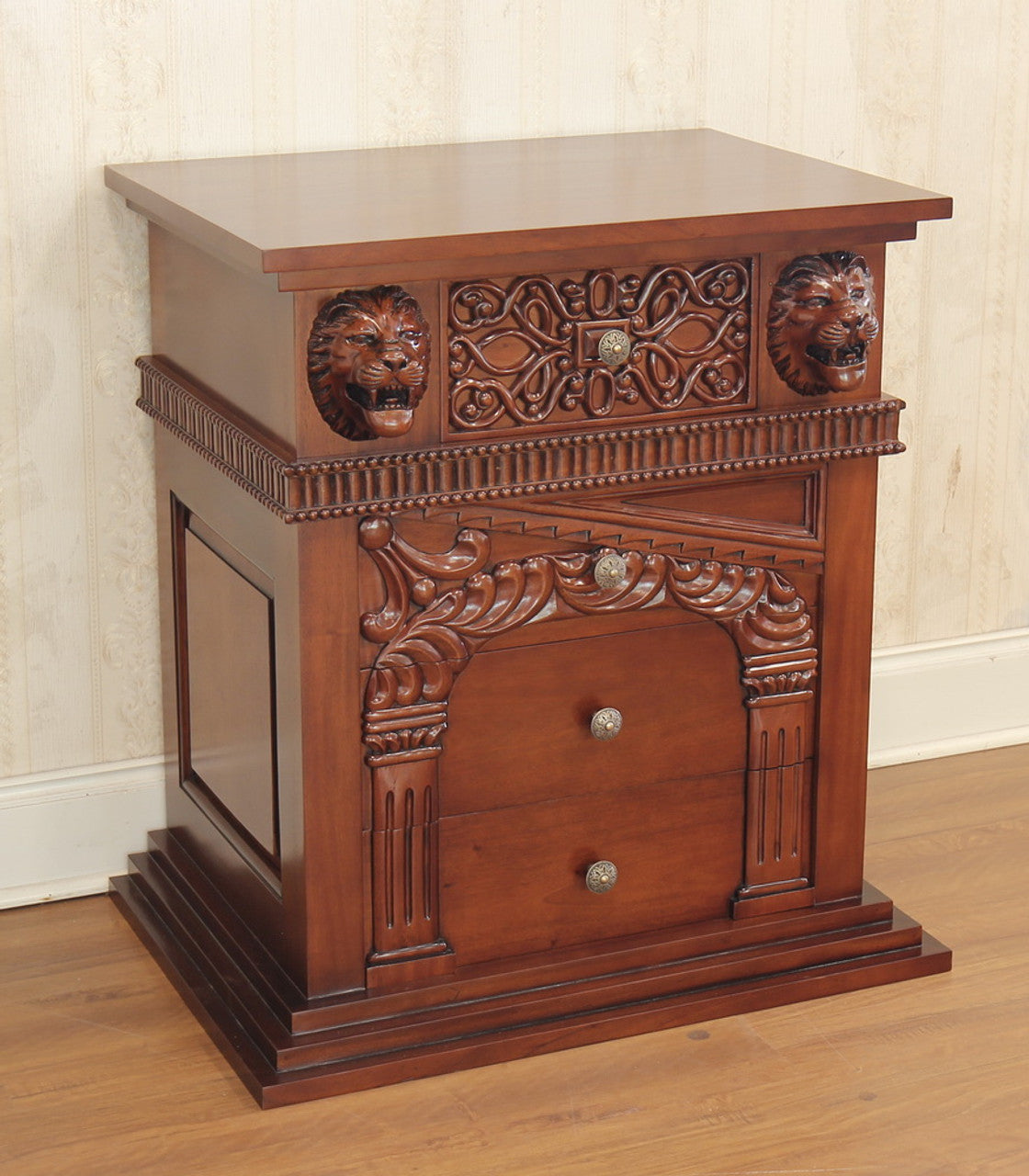 Lion Head Hand Carved Gothic Style Night Stand