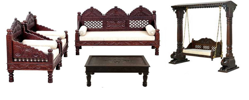 Hand Carved Indian Mughal Elephant Design swing / 5pc Set