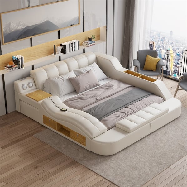 Sash Tufted Upholstered Platform Bed with Massage, Storage, Led Light & Speaker