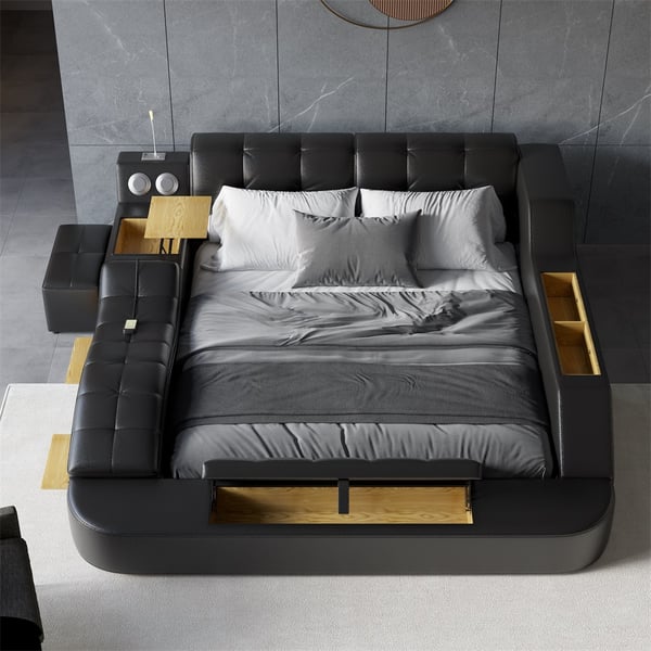 Sash Tufted Upholstered Platform Bed with Massage, Storage, Led Light & Speaker