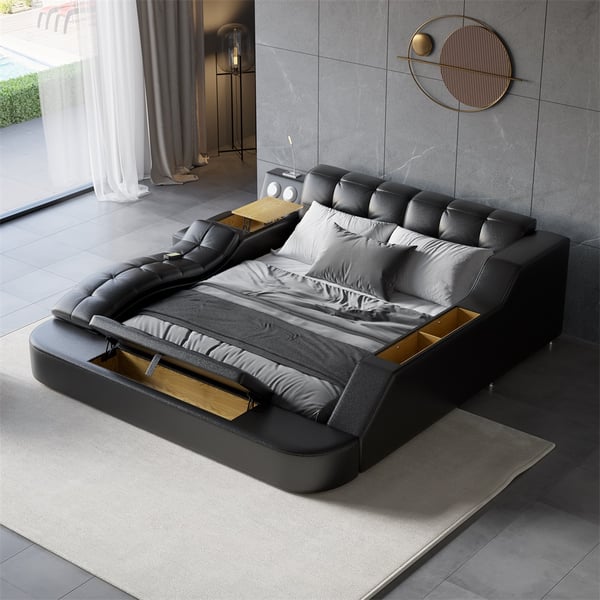 Sash Tufted Upholstered Platform Bed with Massage, Storage, Led Light & Speaker