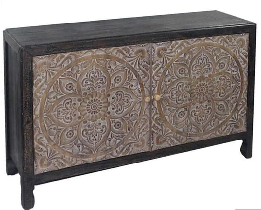 ALAMO Floral Carved 2 Door Cabinet – handcrafted solid wood furniture