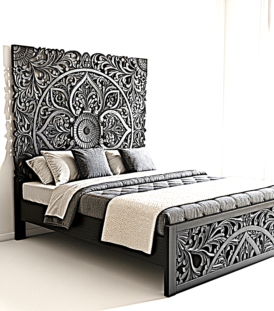 Amani Hand Carved Indian Solid wooden bed frame White by Furniture Home LLC – handcrafted solid wood furniture made in India