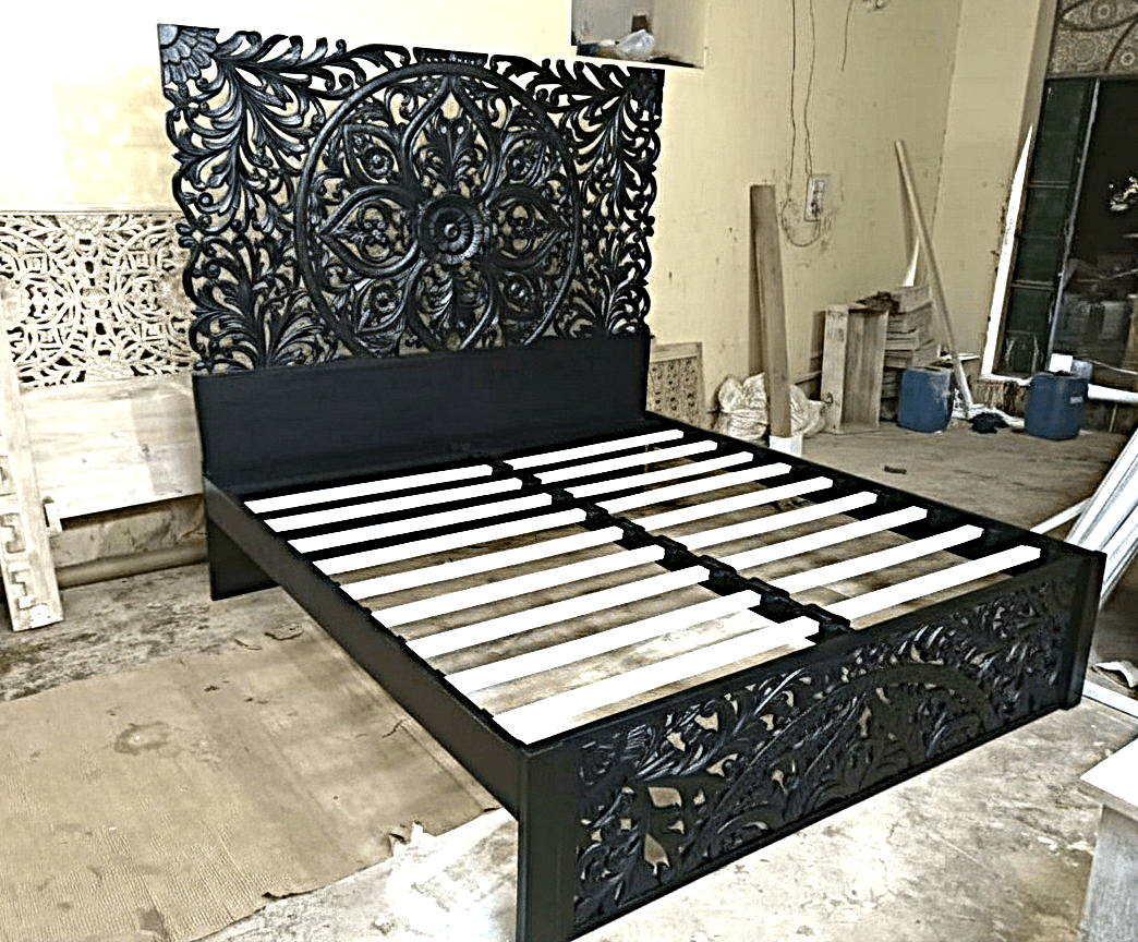 Amani Hand Carved Indian Solid wooden bed frame White by Furniture Home LLC – handcrafted solid wood furniture made in India