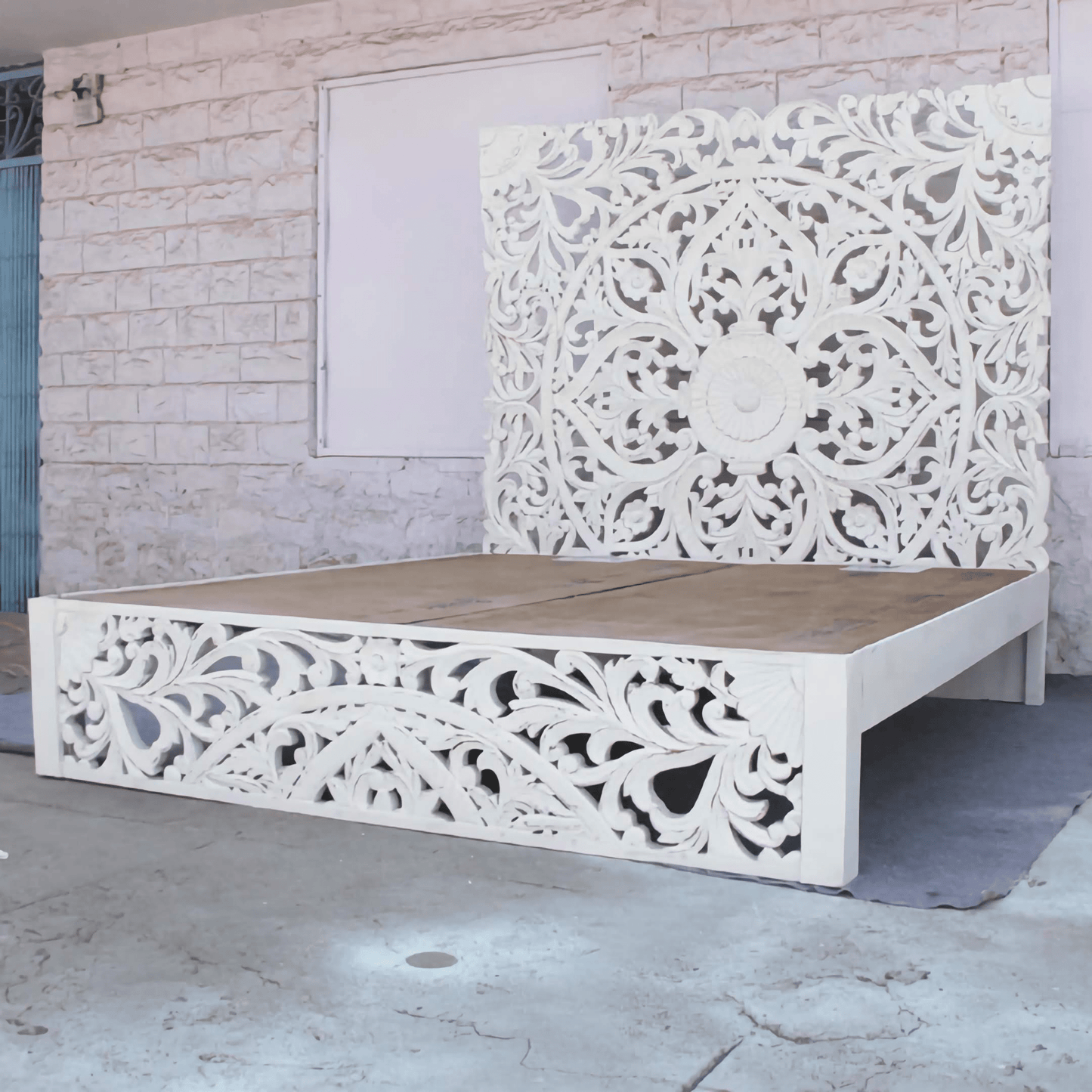 Amani Hand Carved Indian Solid wooden bed frame White – handcrafted solid wood furniture