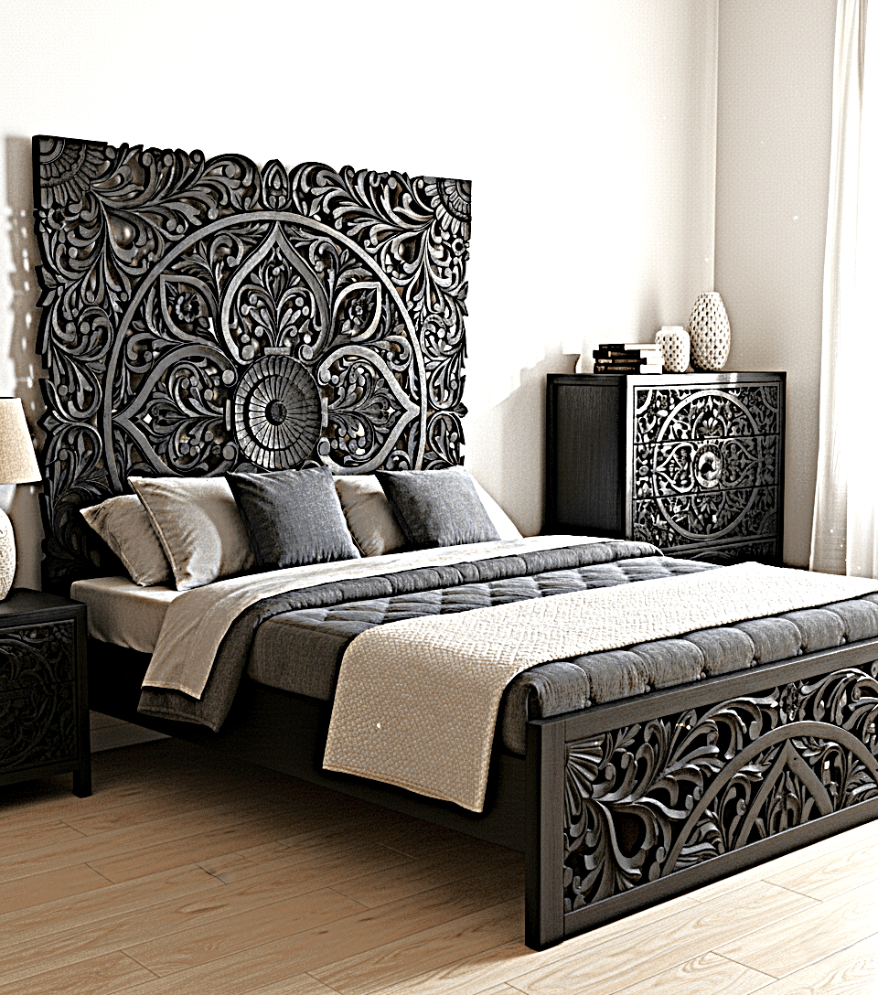 Amani Hand Carved Indian Solid wooden bed frame White by Furniture Home LLC – handcrafted solid wood furniture made in India