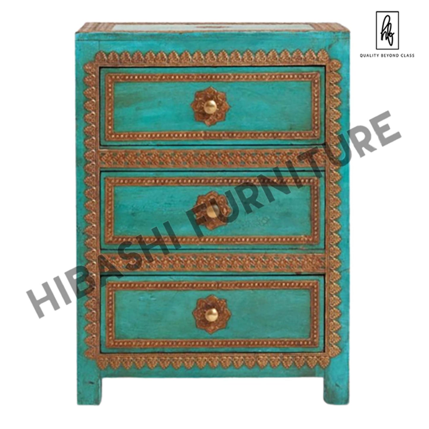 ARI Indian Solid Mango Wood Hand Carved Brass fitting Bedside Cabinet – handcrafted solid wood furniture