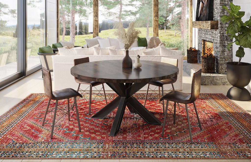 BARAS Round Industrial Steel Pedestal Dining Table – handcrafted solid wood furniture