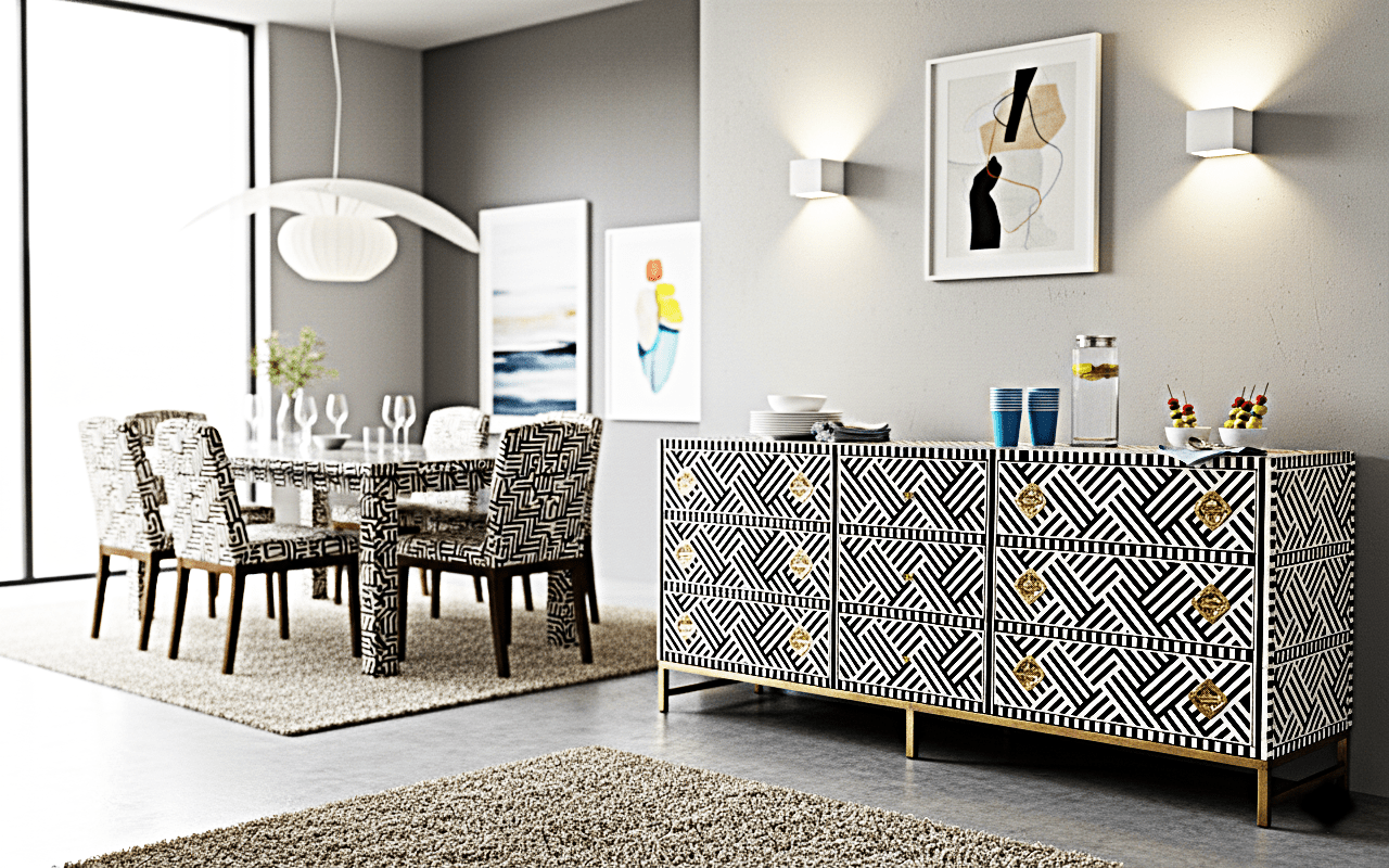 Bone Inlay Handmade Dresser of Drawer Black and white color with 9 drawers—handcrafted solid wood furniture