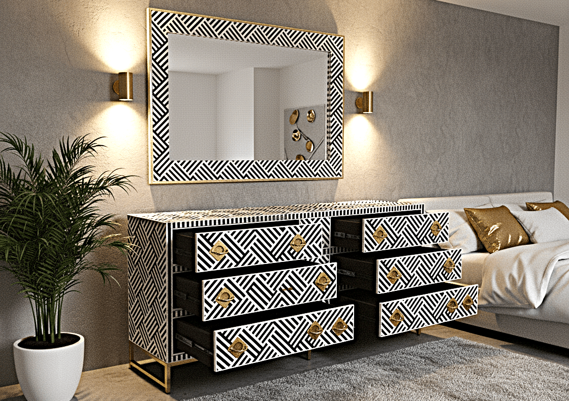 Bone Inlay Handmade Dresser of Drawer Black and white color with 9 drawers – handcrafted solid wood furniture