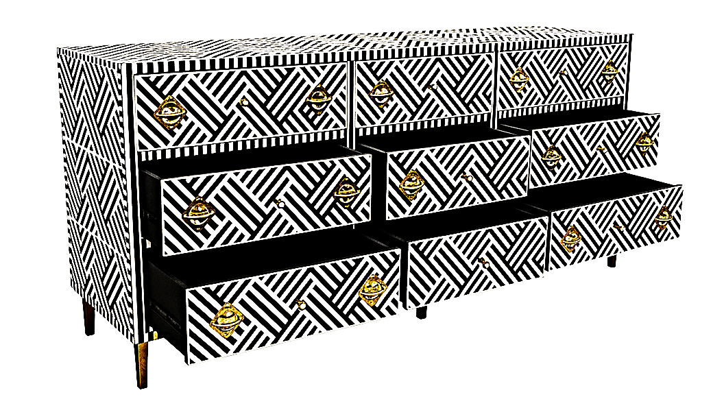 Bone Inlay Handmade Dresser of Drawer Black and white color with 9 drawers – handcrafted solid wood furniture