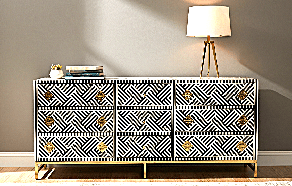 Bone Inlay Handmade Dresser of Drawer Black and white color with 9 drawers—handcrafted solid wood furniture