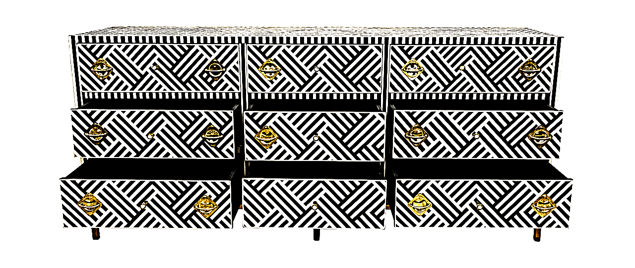 Bone Inlay Handmade Dresser of Drawer Black and white color with 9 drawers—handcrafted solid wood furniture