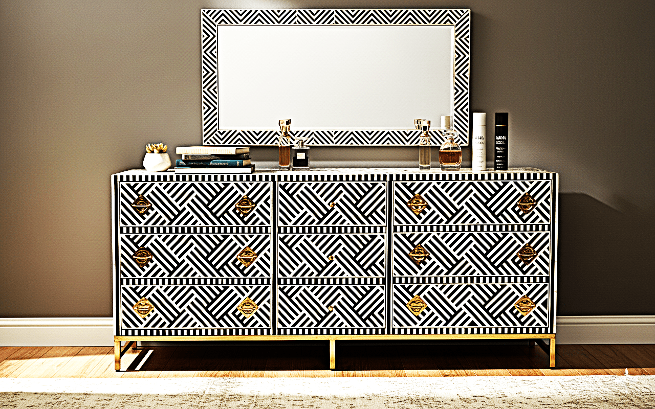 Bone Inlay Handmade Dresser of Drawer Black and white color with 9 drawers—handcrafted solid wood furniture