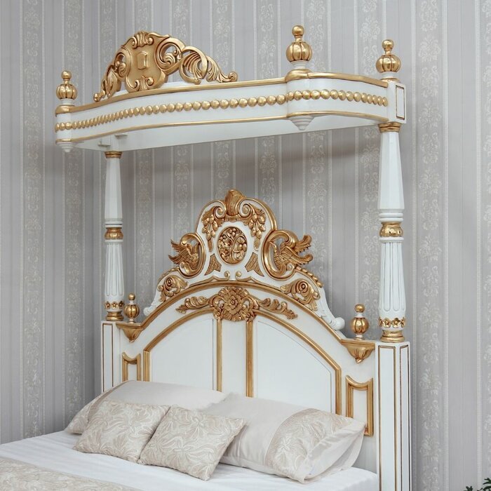 Crown Solid Mango Wood Antique White/Gold Poster Canopy Bed – handcrafted solid wood furniture