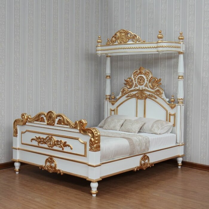 Crown Solid Mango Wood Antique White/Gold Poster Canopy Bed – handcrafted solid wood furniture