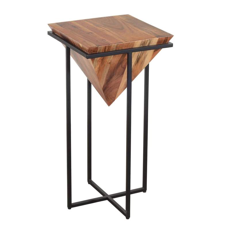 DAPITAN Pyramid Shape Wooden Side Table With Cross Metal Base Accent Table – handcrafted solid wood furniture