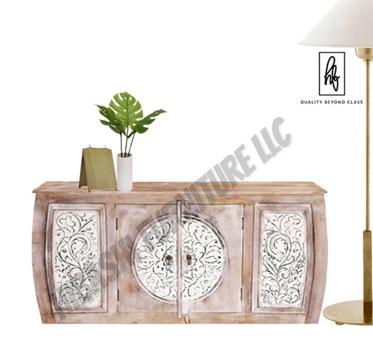 DASMA White Floral Doors Rustic Large Sideboard Cabinet – handcrafted solid wood furniture