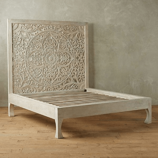 Dynasty Hand Carved Indian Solid Wooden Bed Frame White – handcrafted solid wood furniture