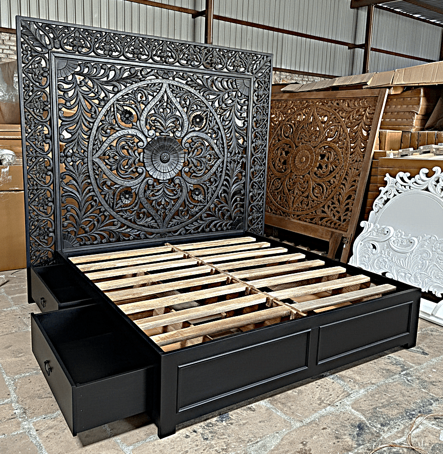 Dynasty Hand Carved Wooden Jody Bed Frame With Storage Drawers - Furniture Home LLC