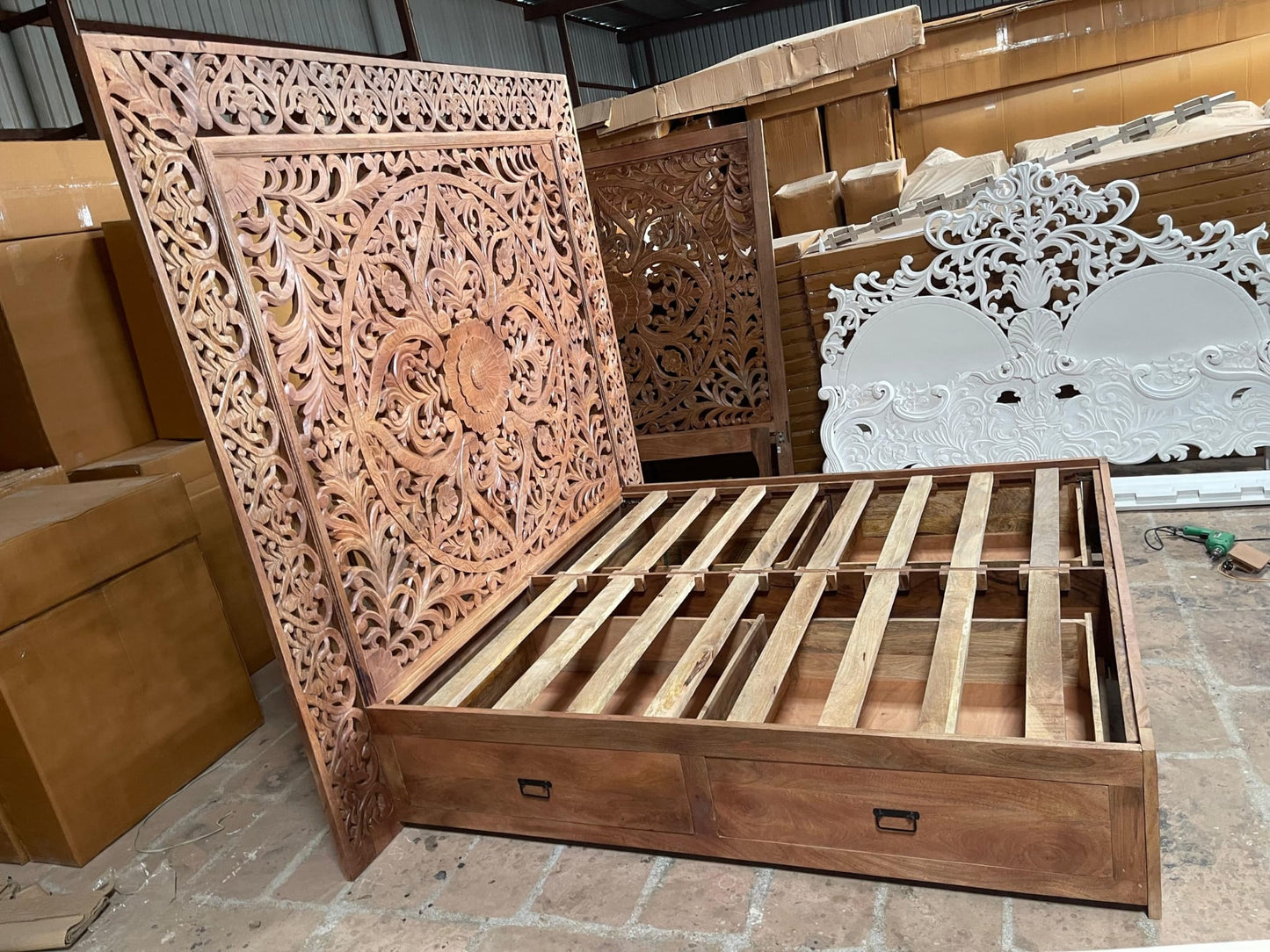 Dynasty Hand Carved Wooden Jody Bed Frame With Storage Drawers – handcrafted solid wood furniture
