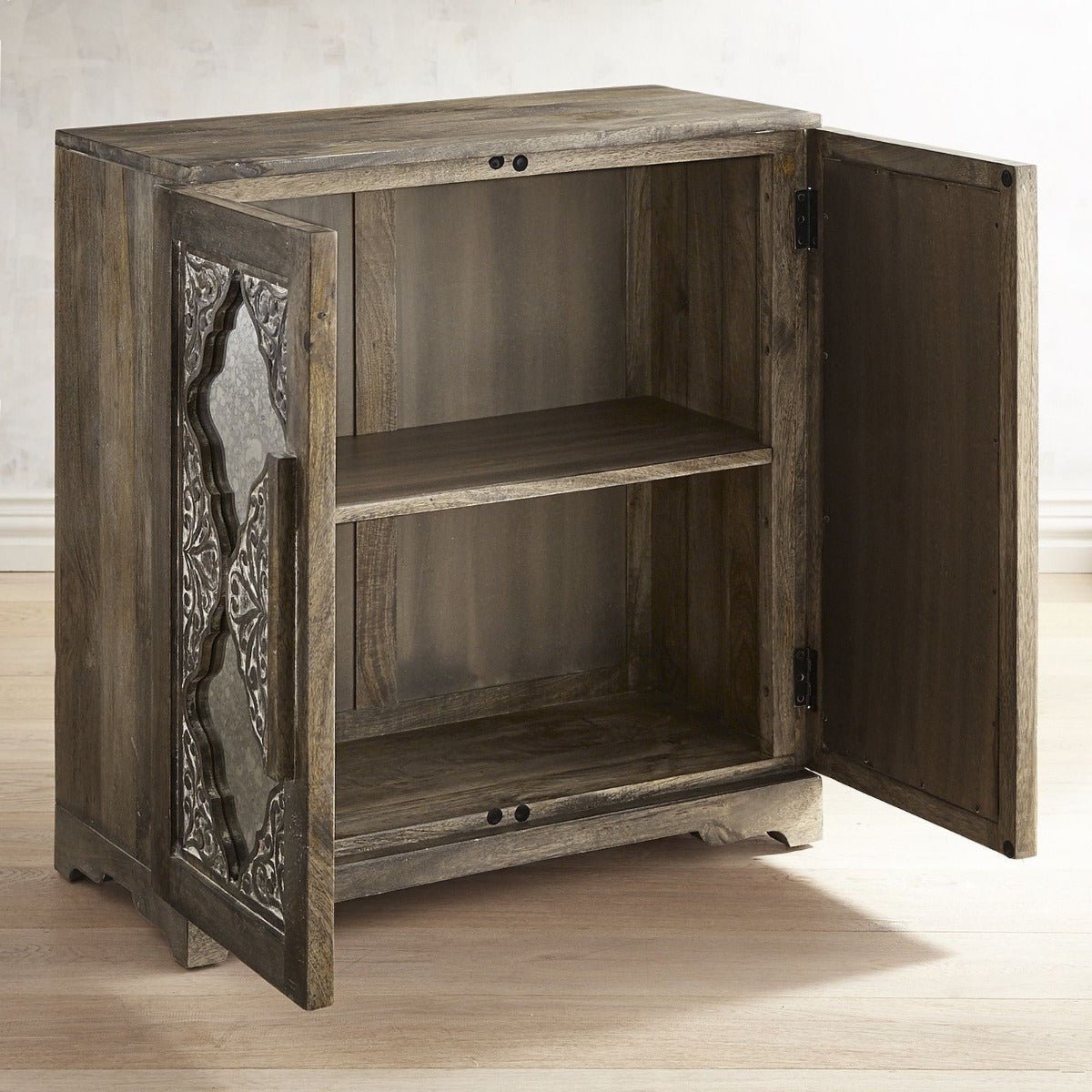 FRENCH ARCHED CARVED MIRROR DOOR SIDEBOARD - Black wash – handcrafted solid wood furniture