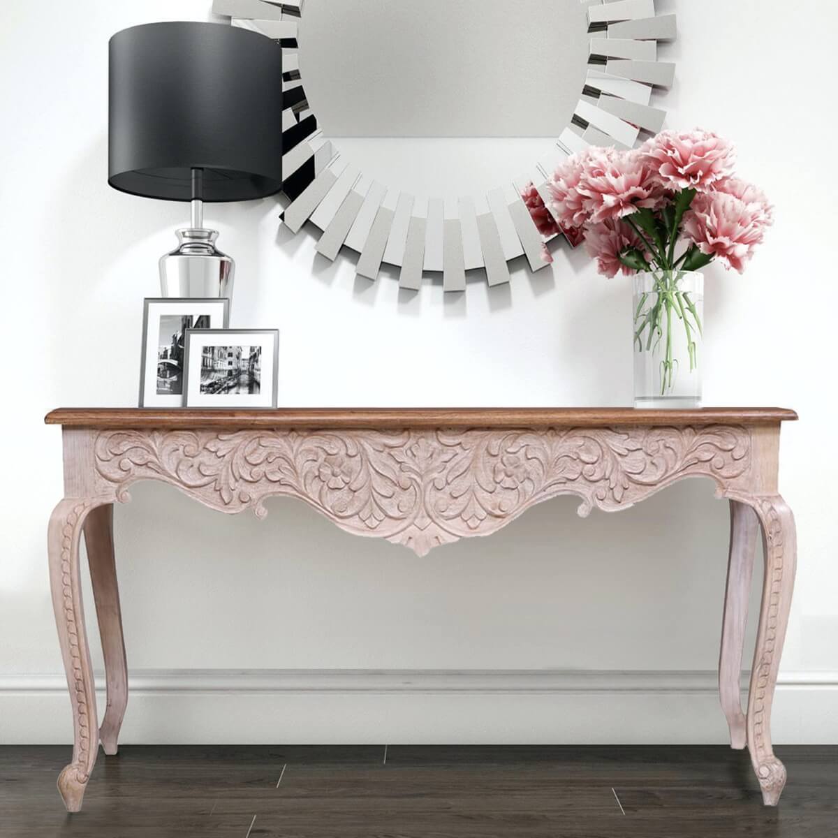 French Reclaimed Wood Hand Carved Floral Hall Table – handcrafted solid wood furniture
