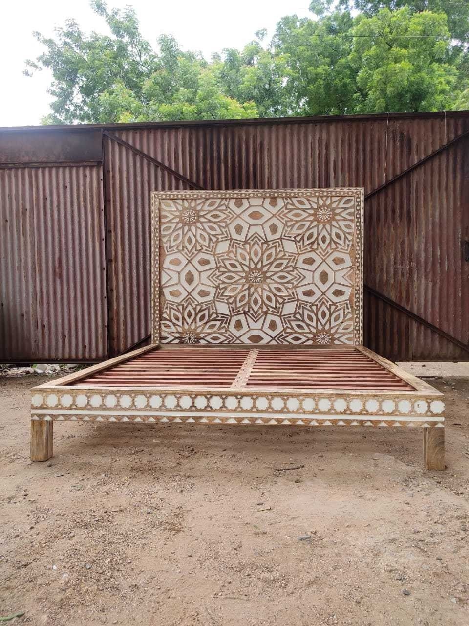 Geometric Floral Design Handmade Wooden Bed – handcrafted solid wood furniture