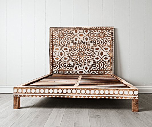 Geometric Floral Design Handmade Wooden Bed – handcrafted solid wood furniture