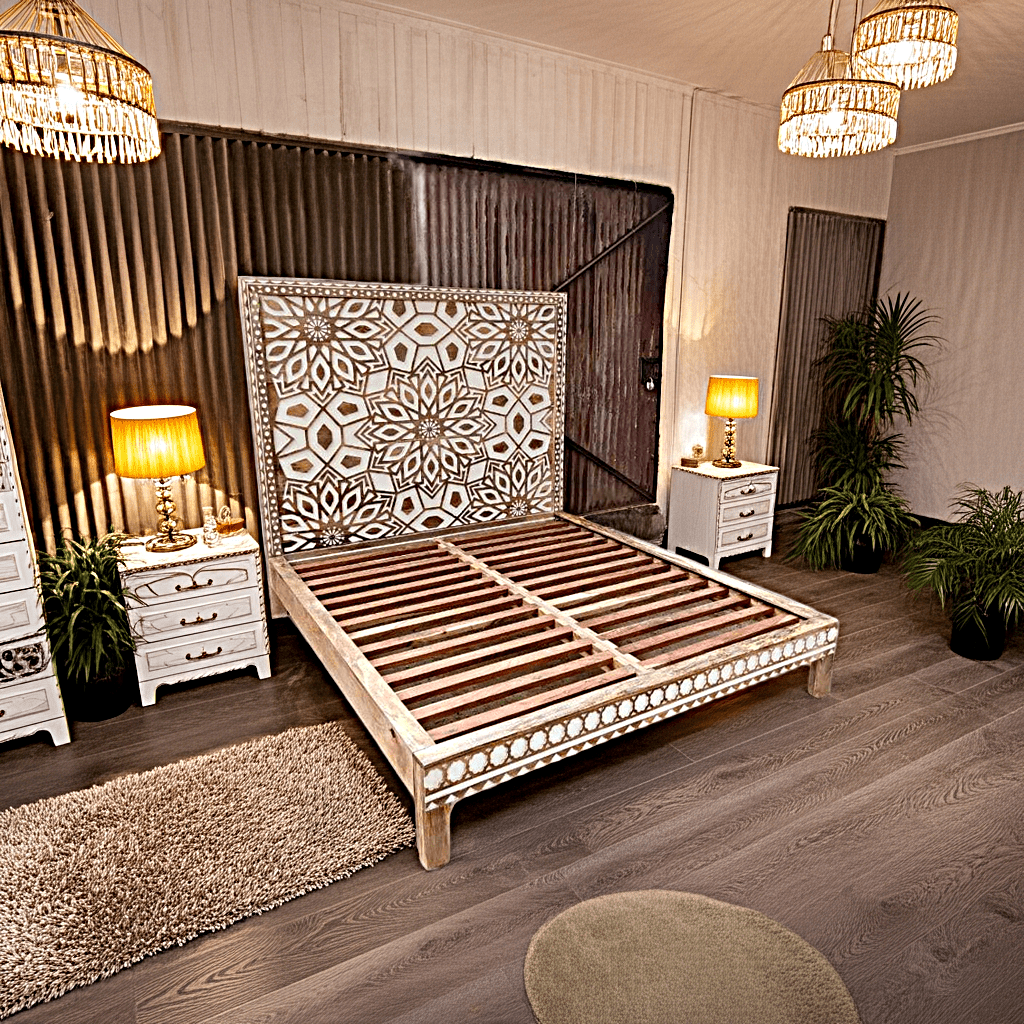 Geometric Floral Design Handmade Wooden Bed – handcrafted solid wood furniture