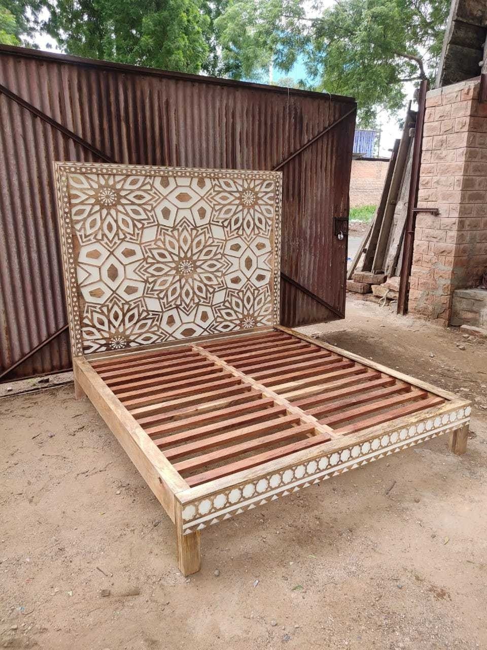 Geometric Floral Design Handmade Wooden Bed – handcrafted solid wood furniture