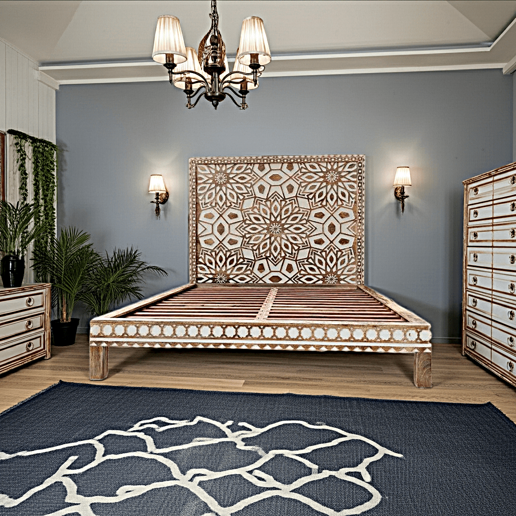 Geometric Floral Design Handmade Wooden Bed by Furniture Home LLC – handcrafted solid wood furniture made in India
