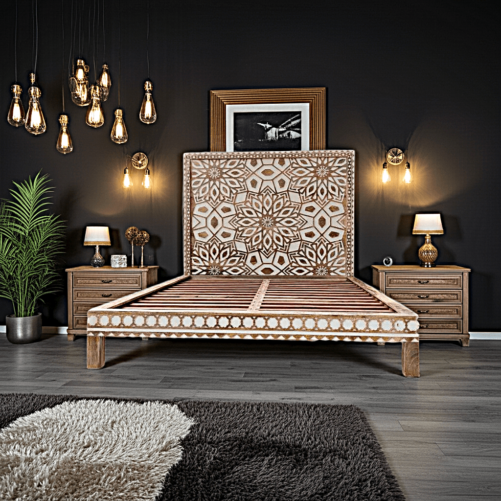 Geometric Floral Design Handmade Wooden Bed – handcrafted solid wood furniture