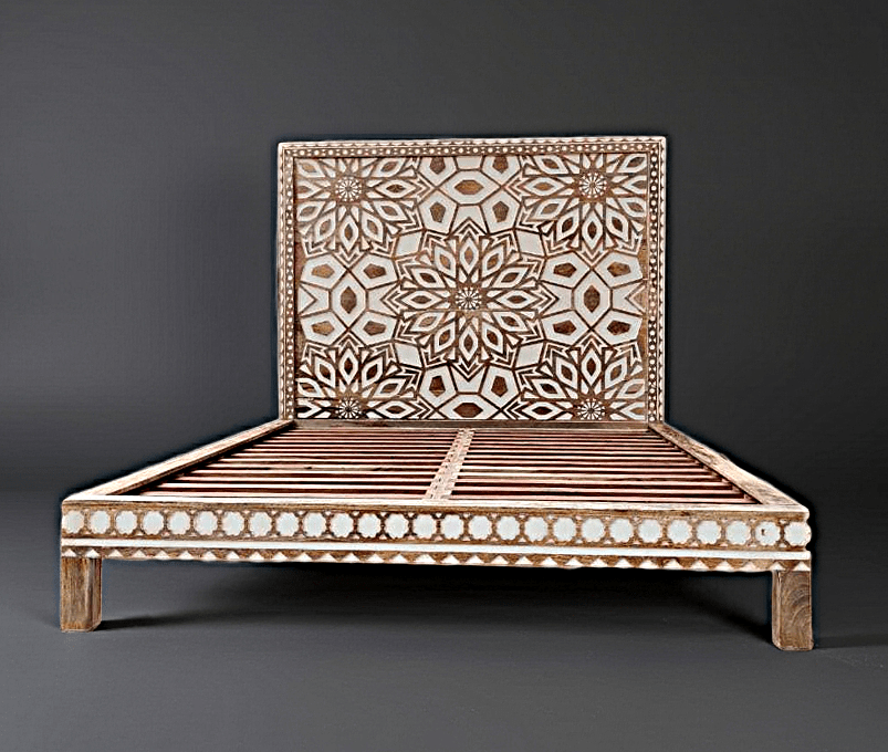 Geometric Floral Design Handmade Wooden Bed by Furniture Home LLC – handcrafted solid wood furniture made in India