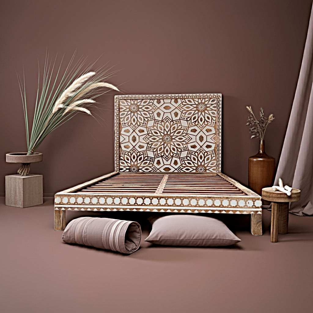 Geometric Floral Design Handmade Wooden Bed – handcrafted solid wood furniture
