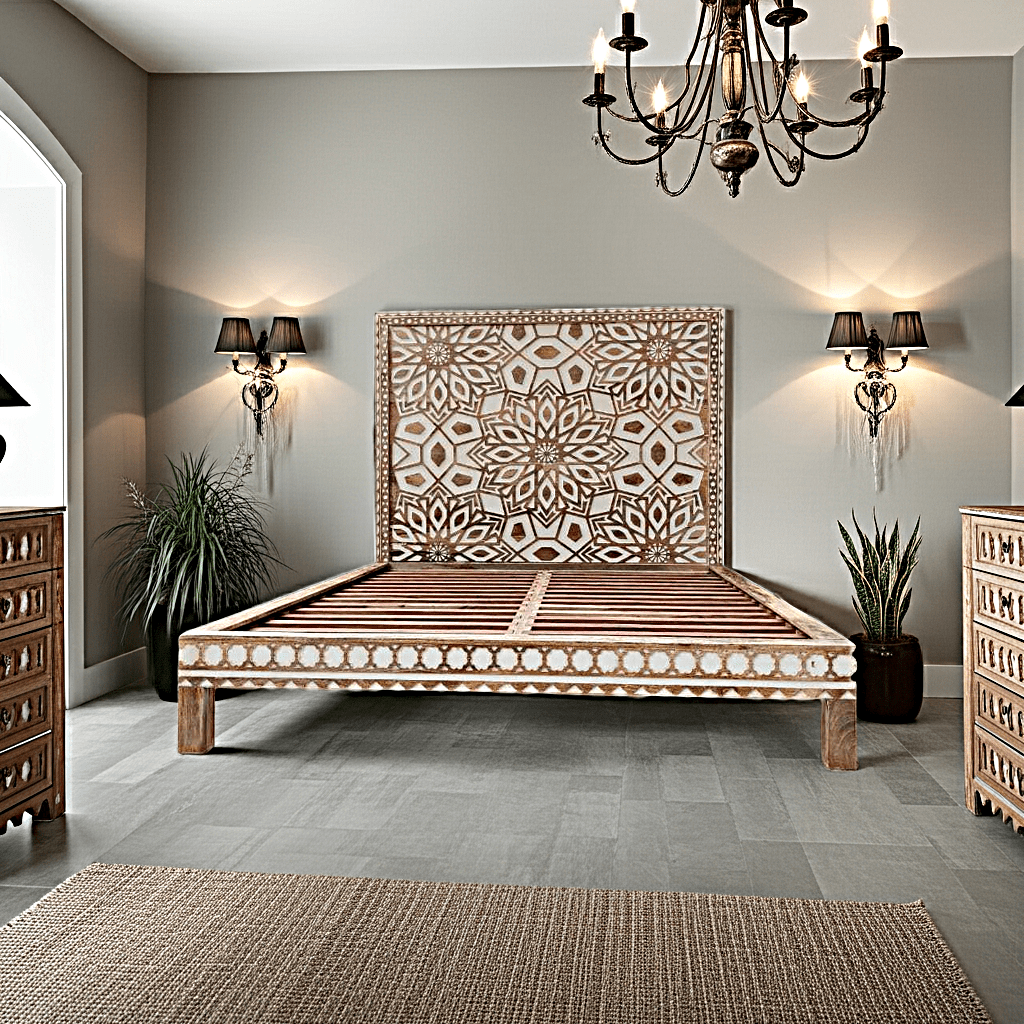 Geometric Floral Design Handmade Wooden Bed – handcrafted solid wood furniture