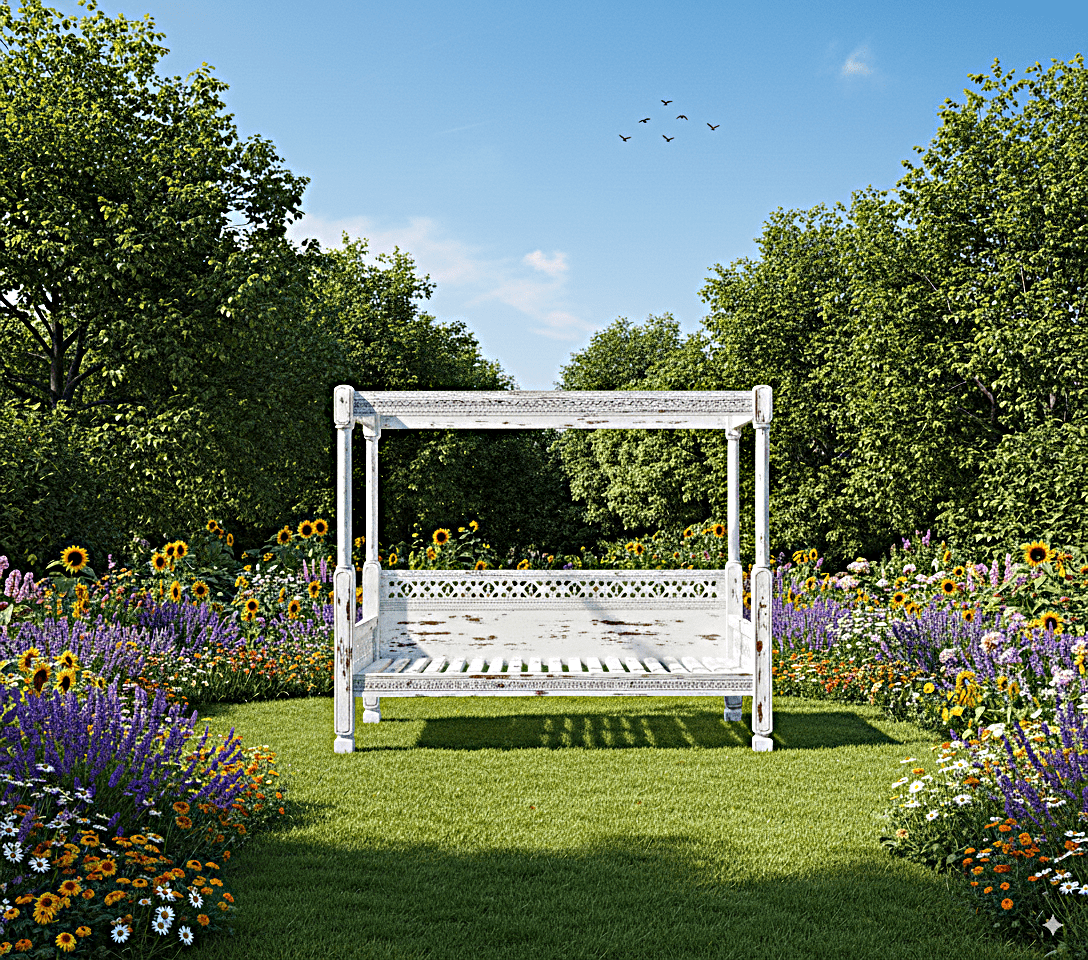 Hand Carved Canopy Style Solid Wooden Daybed / OutDoor Seating – handcrafted solid wood furniture