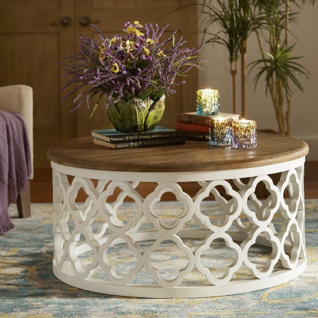 Hand Carved Floral Round Coffee Table – handcrafted solid wood furniture