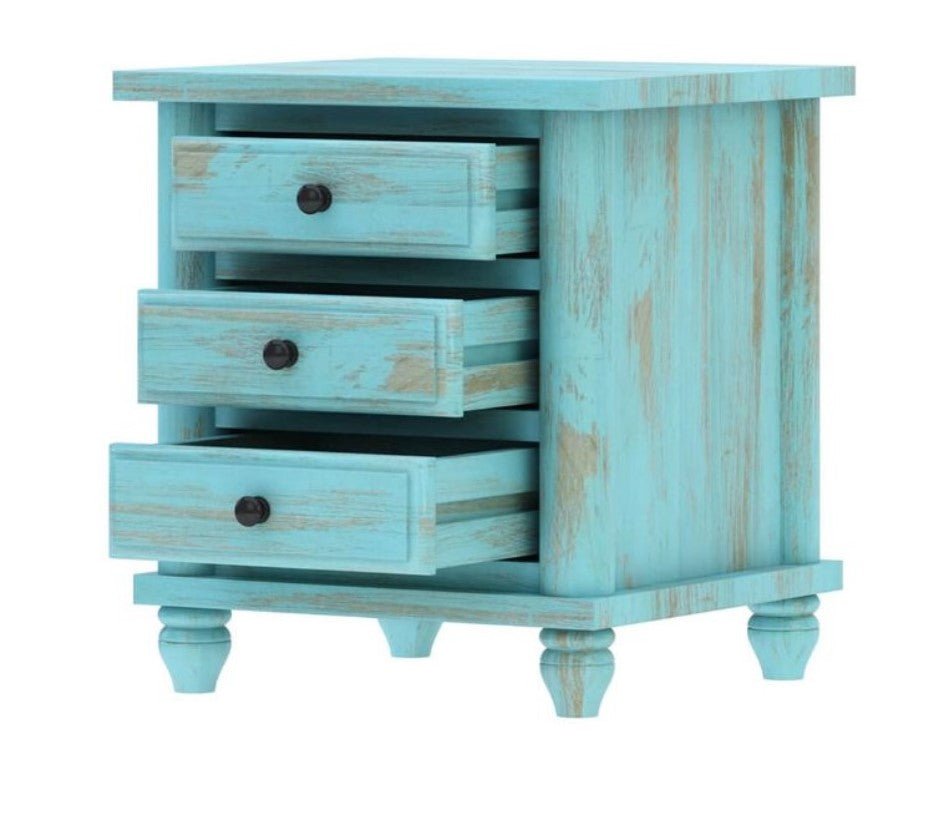 Hand Carved Turquoise Solid Mango Wood 3 Drawer Bedside / Nightstand – handcrafted solid wood furniture
