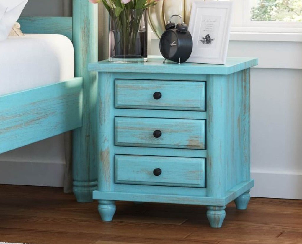 Hand Carved Turquoise Solid Mango Wood 3 Drawer Bedside / Nightstand – handcrafted solid wood furniture