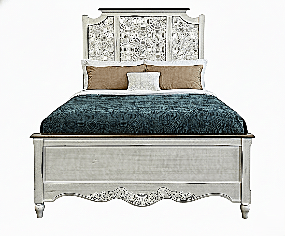 Hand - Carved Whitewash Panel Platform Bed & 5 - Piece Luxury Bedroom Set – handcrafted solid wood furniture