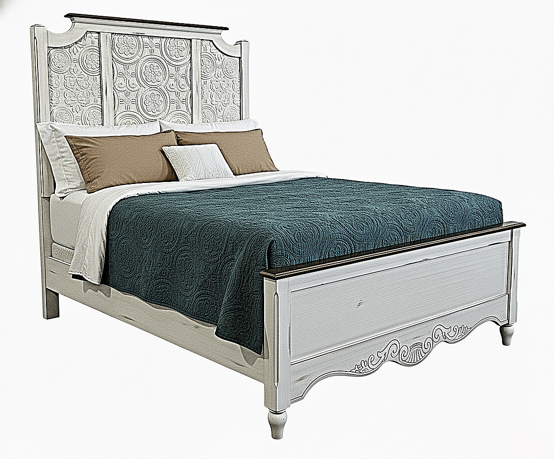 Hand - Carved Whitewash Panel Platform Bed & 5 - Piece Luxury Bedroom Set – handcrafted solid wood furniture