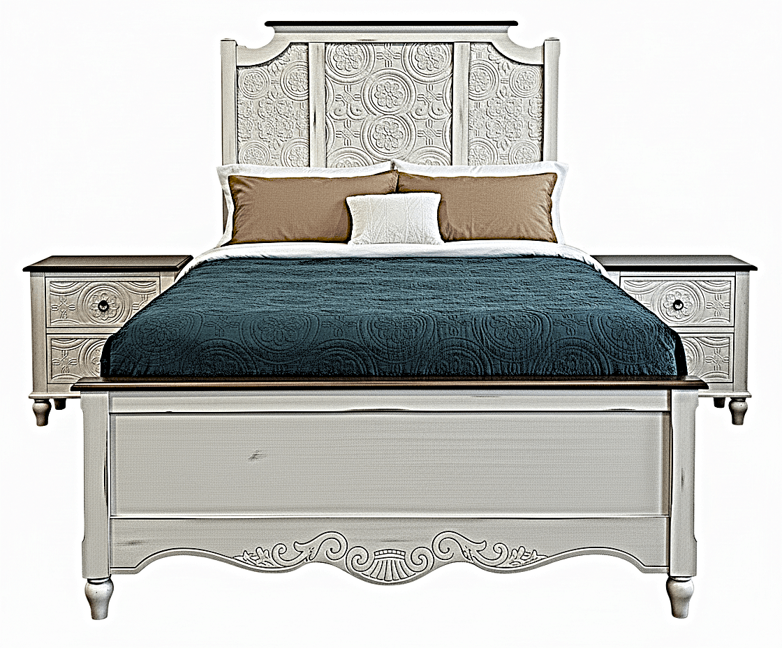 Hand - Carved Whitewash Panel Platform Bed & 5 - Piece Luxury Bedroom Set – handcrafted solid wood furniture