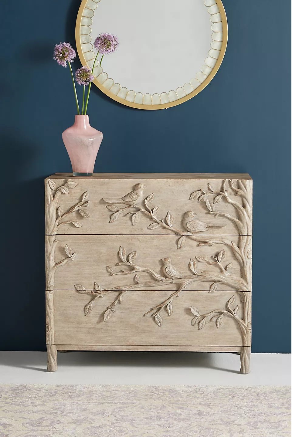 Handcarved Ornithology Three - Drawer Dresser – handcrafted solid wood furniture