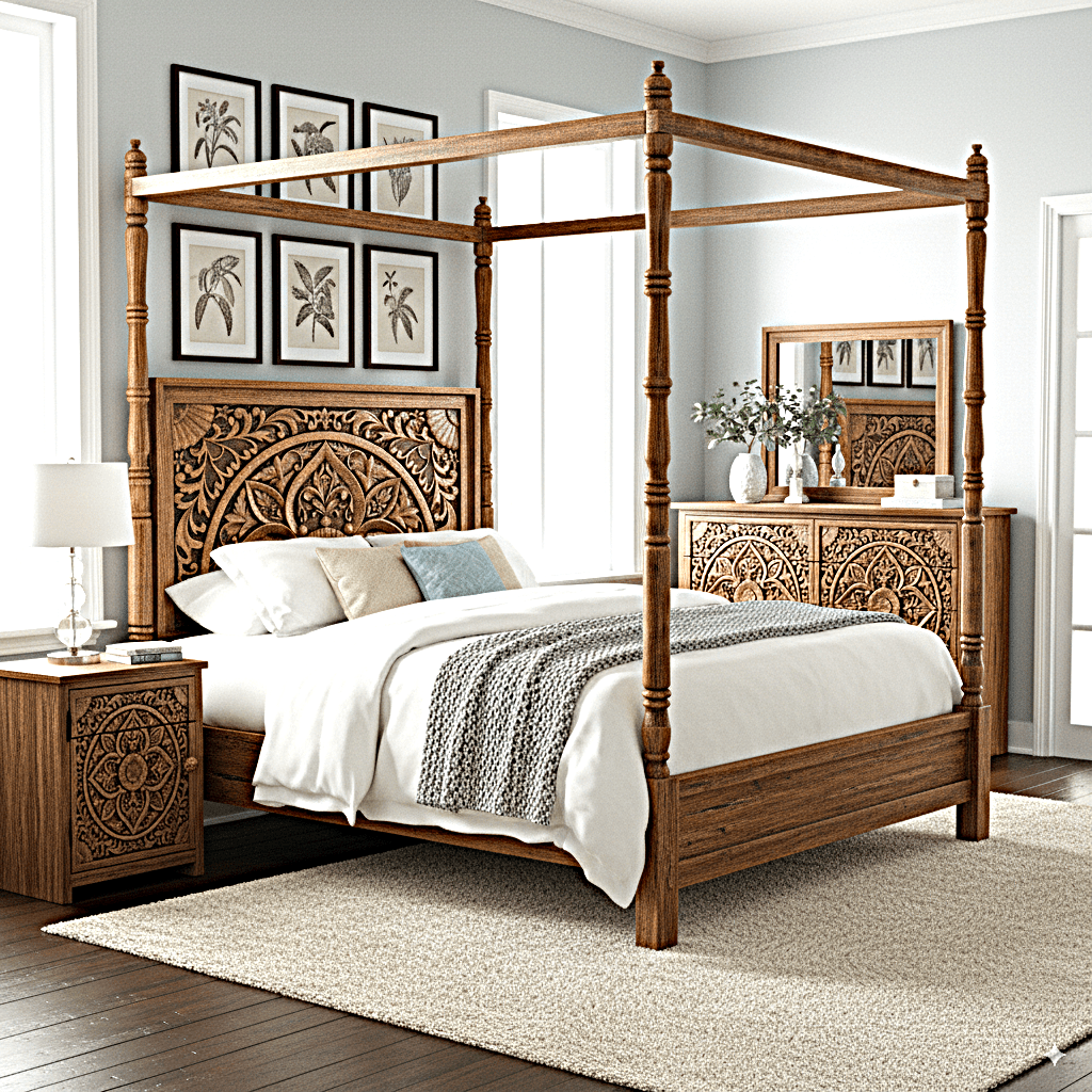 Ilano Weathered Hand - carved Solid Mango Wood Canopy Platform Bed – handcrafted solid wood furniture