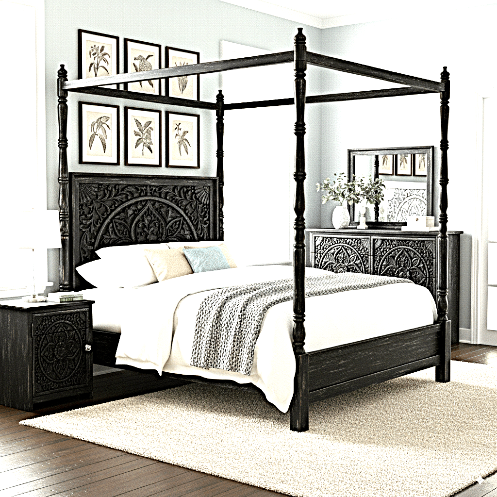Ilano Weathered Hand - carved Solid Mango Wood Canopy Platform Bed – handcrafted solid wood furniture