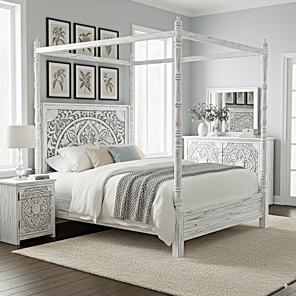 Ilano Weathered Hand - carved Solid Mango Wood Canopy Platform Bed - Furniture Home LLC