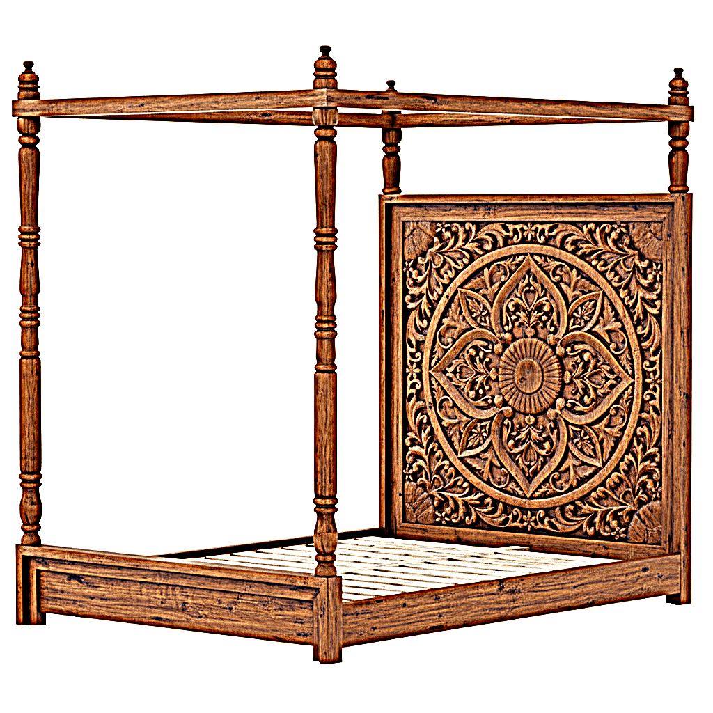 Ilano Weathered Hand - carved Solid Mango Wood Canopy Platform Bed – handcrafted solid wood furniture